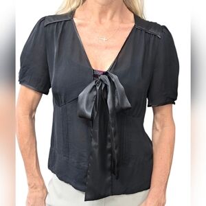Caché 100% Silk Black Bow Button Y2K Fitted Blouse Top S